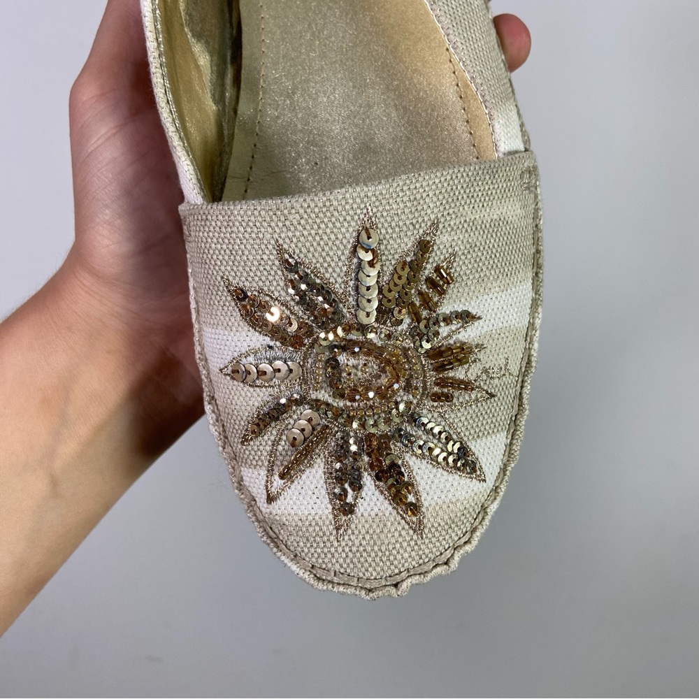Coach Rorie Gold Sequin Embellished Tan Stripe Sunburst Flat Loafers - Picture 2 of 8